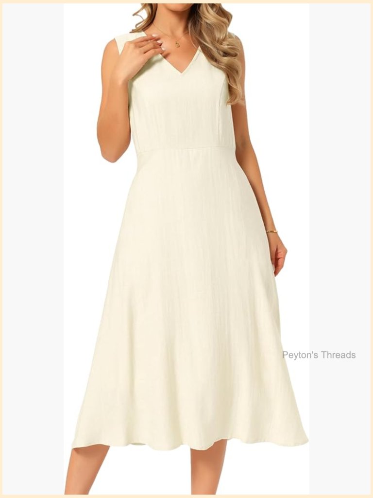 Women's Linen Casual A-Line Midi Sundress With Pockets Sleeveless V-Neck